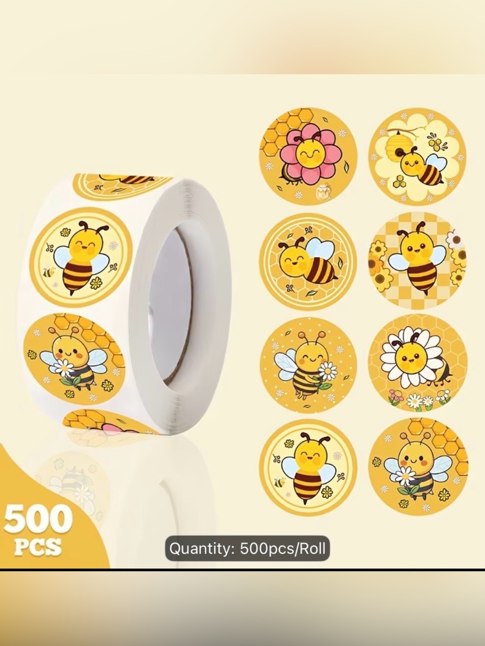 Bee sticker Roll - Yellow Bee & Flower Circles (500 pcs)